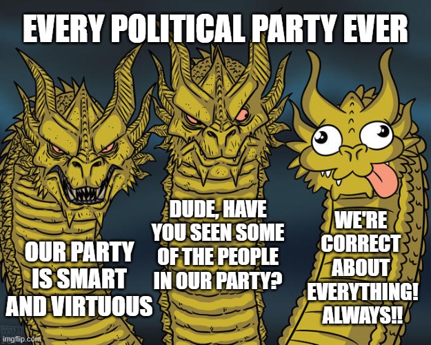 Nobody likes being wrong. The pain can seem physical. The best thing I've found is to admit the error and move on. Then the pain | EVERY POLITICAL PARTY EVER; DUDE, HAVE YOU SEEN SOME OF THE PEOPLE IN OUR PARTY? WE'RE 
CORRECT 
ABOUT 
EVERYTHING!
ALWAYS!! OUR PARTY IS SMART AND VIRTUOUS | image tagged in political humor,republican,democrat,libertarian,right wing,left wing | made w/ Imgflip meme maker