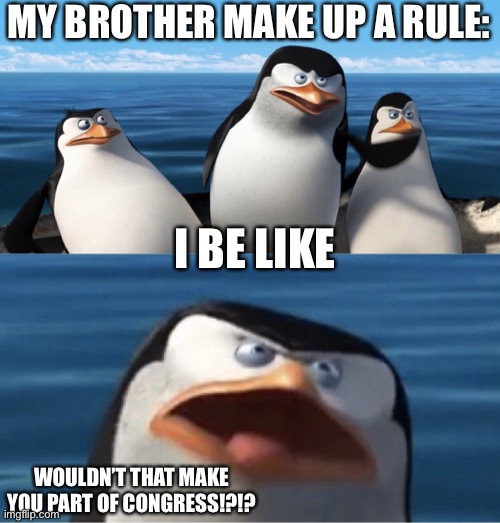 LOL |  MY BROTHER MAKE UP A RULE:; I BE LIKE; WOULDN’T THAT MAKE YOU PART OF CONGRESS!?!? | image tagged in wouldn't that make you,penguin,penguins of madagascar,penguins | made w/ Imgflip meme maker