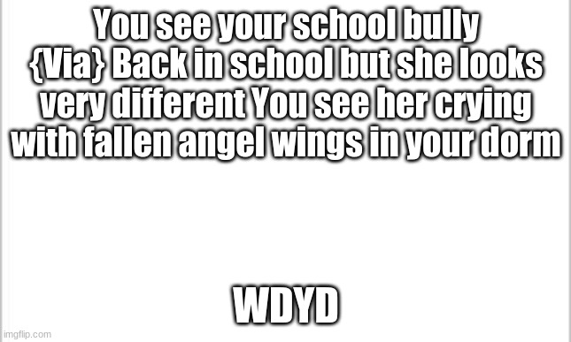 If your oc is a boy yes ik it's not allowed but deal with it | You see your school bully {Via} Back in school but she looks very different You see her crying with fallen angel wings in your dorm; WDYD | image tagged in white background | made w/ Imgflip meme maker