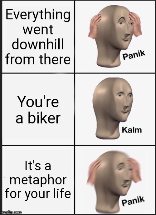 Panik Kalm Panik | Everything went downhill from there; You're a biker; It's a metaphor for your life | image tagged in memes,panik kalm panik | made w/ Imgflip meme maker