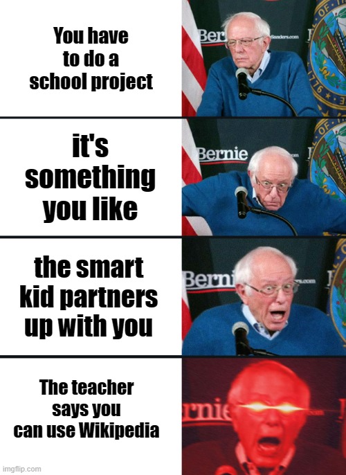 meep | You have to do a school project; it's something you like; the smart kid partners up with you; The teacher says you can use Wikipedia | image tagged in bernie sanders reaction nuked | made w/ Imgflip meme maker
