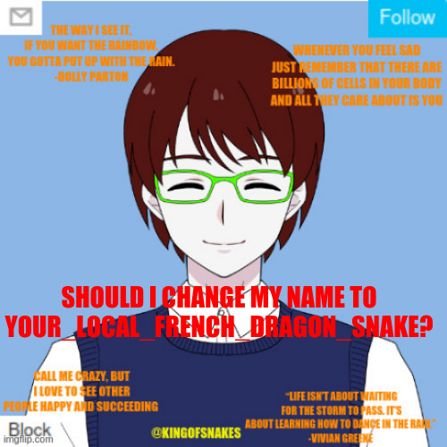 kingofsnakes announcement template | SHOULD I CHANGE MY NAME TO YOUR_LOCAL_FRENCH_DRAGON_SNAKE? | image tagged in bonjour | made w/ Imgflip meme maker