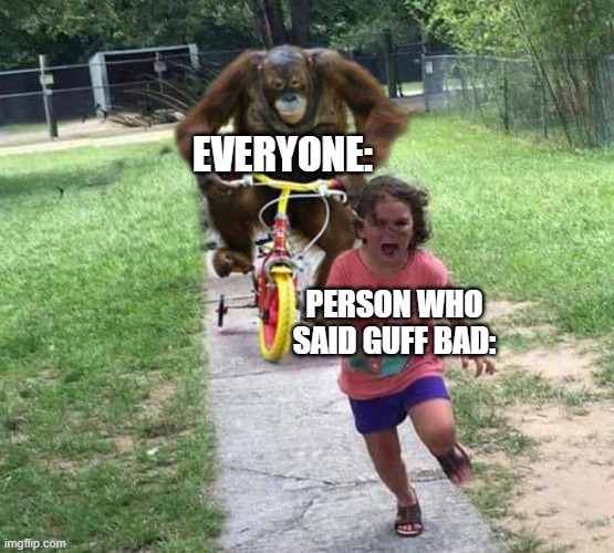 guff good | EVERYONE:; PERSON WHO SAID GUFF BAD: | image tagged in run | made w/ Imgflip meme maker