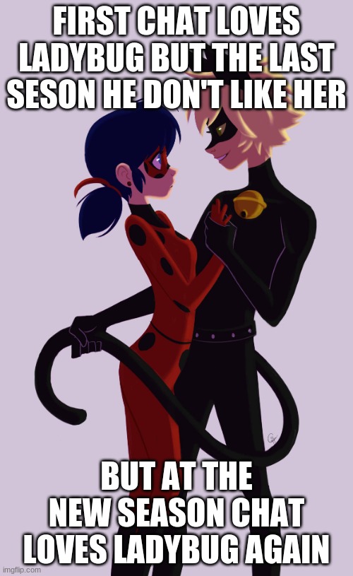 HMMM | FIRST CHAT LOVES LADYBUG BUT THE LAST SESON HE DON'T LIKE HER; BUT AT THE NEW SEASON CHAT LOVES LADYBUG AGAIN | image tagged in ladybug and cat noir | made w/ Imgflip meme maker