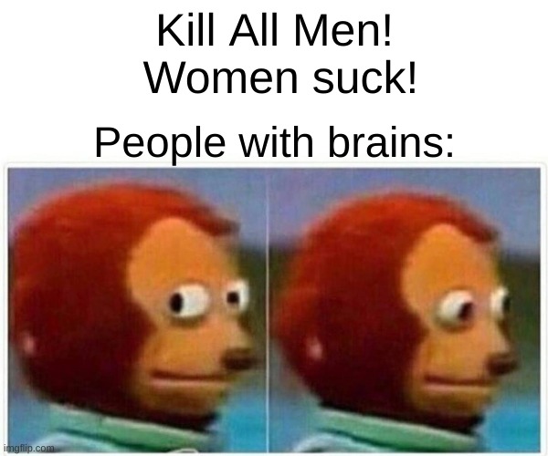 Monkey Puppet | Kill All Men!
 Women suck! People with brains: | image tagged in memes,monkey puppet | made w/ Imgflip meme maker