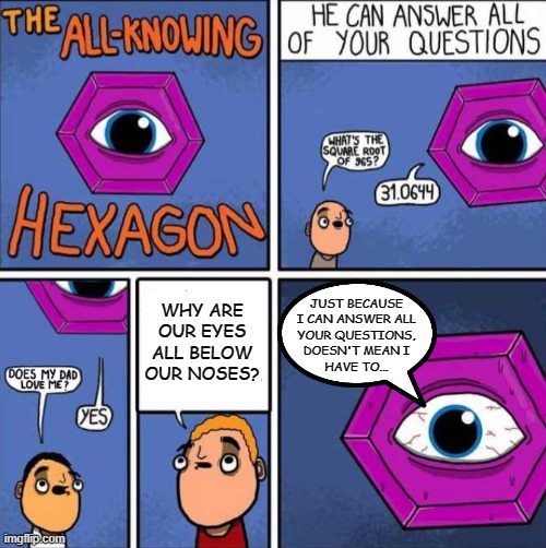 All knowing hexagon (ORIGINAL) | WHY ARE OUR EYES ALL BELOW OUR NOSES? JUST BECAUSE
I CAN ANSWER ALL
YOUR QUESTIONS,
DOESN'T MEAN I
HAVE TO... | image tagged in all knowing hexagon original | made w/ Imgflip meme maker