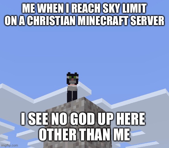 i see no god | ME WHEN I REACH SKY LIMIT ON A CHRISTIAN MINECRAFT SERVER; I SEE NO GOD UP HERE 
OTHER THAN ME | image tagged in minecraft,cat | made w/ Imgflip meme maker