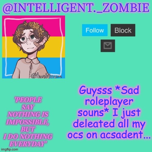 Any ideas on what to do? | Guysss *Sad roleplayer sounds* I just deleted all my ocs on accident... | image tagged in pan info temp | made w/ Imgflip meme maker