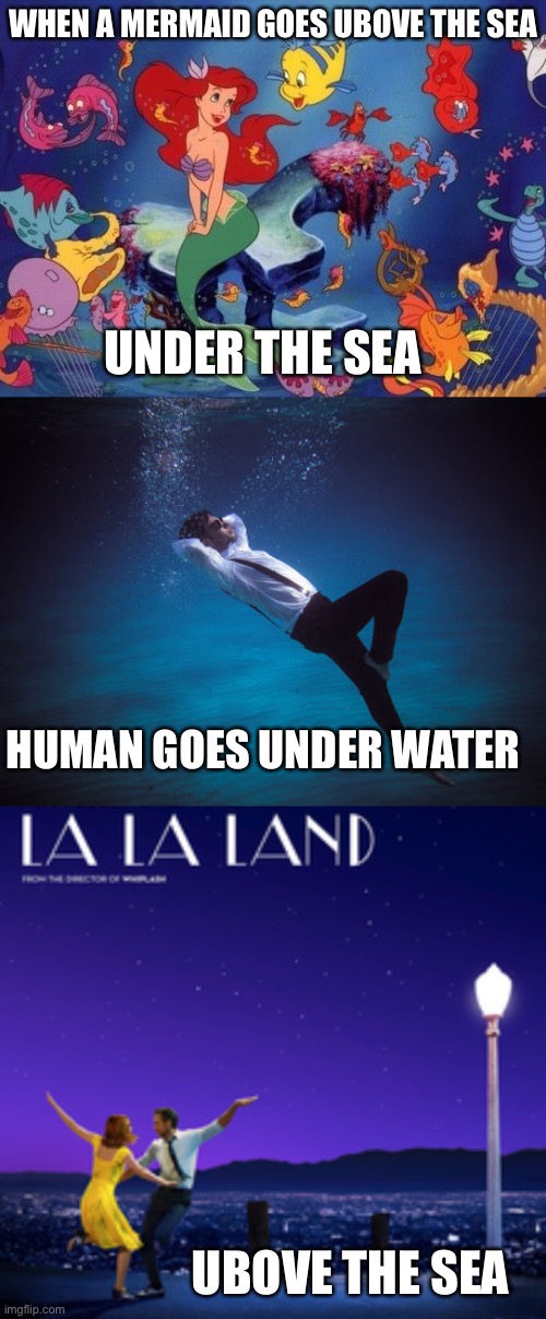 Under the sea | WHEN A MERMAID GOES UBOVE THE SEA; UNDER THE SEA; HUMAN GOES UNDER WATER; UBOVE THE SEA | image tagged in funny | made w/ Imgflip meme maker