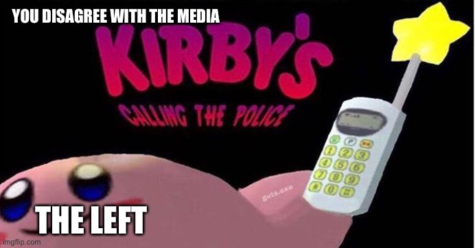 The Democrats | YOU DISAGREE WITH THE MEDIA; THE LEFT | image tagged in kirby's calling the police,the media,echo chamber | made w/ Imgflip meme maker