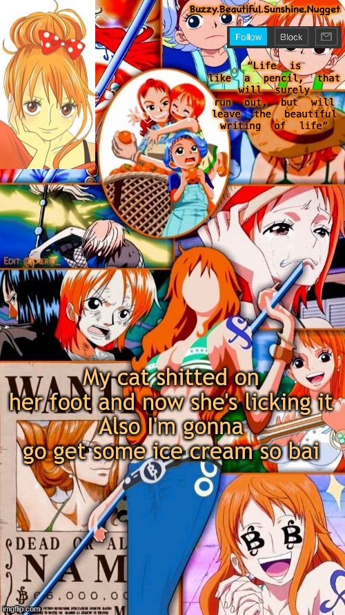 Nami temp tysm X-Virus :3 | My cat shitted on her foot and now she's licking it
Also I'm gonna go get some ice cream so bai | image tagged in nami temp tysm x-virus 3 | made w/ Imgflip meme maker