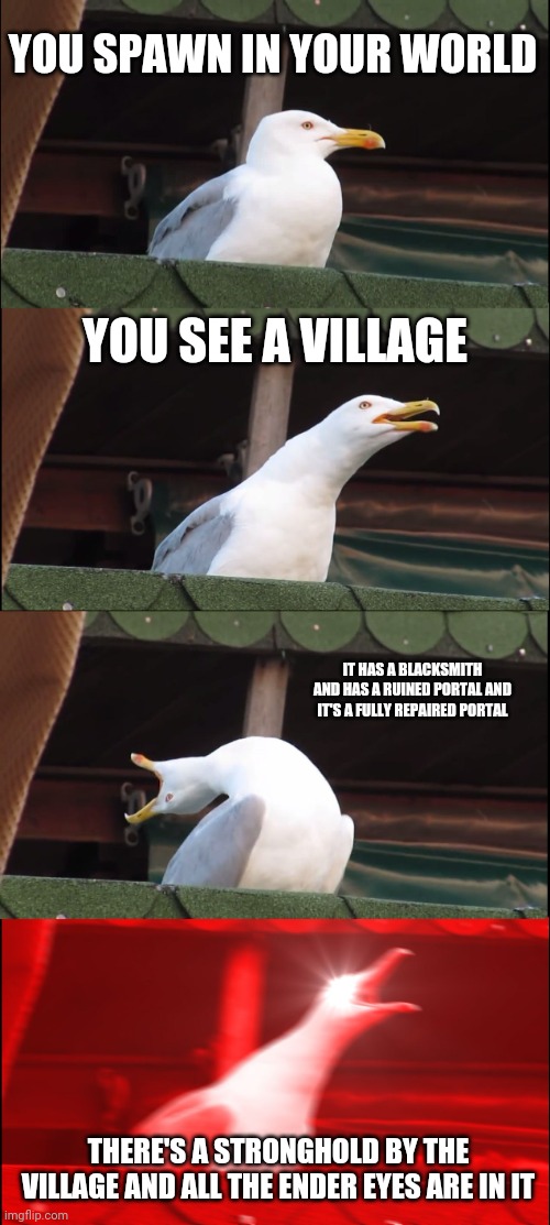 Inhaling Seagull | YOU SPAWN IN YOUR WORLD; YOU SEE A VILLAGE; IT HAS A BLACKSMITH AND HAS A RUINED PORTAL AND IT'S A FULLY REPAIRED PORTAL; THERE'S A STRONGHOLD BY THE VILLAGE AND ALL THE ENDER EYES ARE IN IT | image tagged in memes,inhaling seagull | made w/ Imgflip meme maker