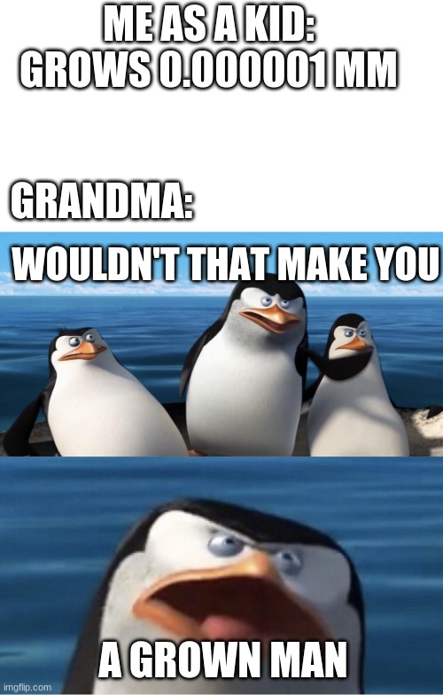 Wouldn't that make you | ME AS A KID: GROWS 0.000001 MM; GRANDMA:; WOULDN'T THAT MAKE YOU; A GROWN MAN | image tagged in wouldn't that make you | made w/ Imgflip meme maker
