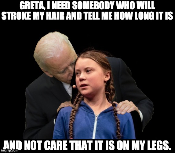 Stroke my hair | GRETA, I NEED SOMEBODY WHO WILL STROKE MY HAIR AND TELL ME HOW LONG IT IS; AND NOT CARE THAT IT IS ON MY LEGS. | image tagged in greta thunberg creepy joe biden sniffing hair | made w/ Imgflip meme maker