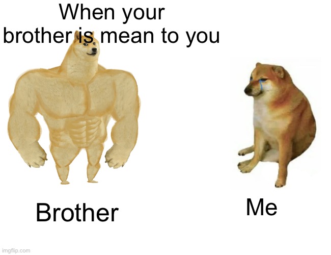 Buff Doge vs. Cheems Meme | When your brother is mean to you; Brother; Me | image tagged in memes,buff doge vs cheems | made w/ Imgflip meme maker