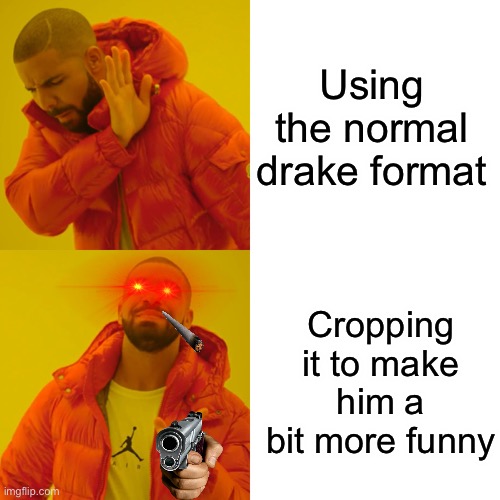 Drake Hotline Bling | Using the normal drake format; Cropping it to make him a bit more funny | image tagged in memes,drake hotline bling | made w/ Imgflip meme maker