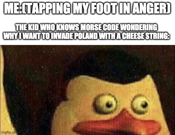 ok | ME:(TAPPING MY FOOT IN ANGER); THE KID WHO KNOWS MORSE CODE WONDERING WHY I WANT TO INVADE POLAND WITH A CHEESE STRING: | image tagged in surprised penguin of madagascar | made w/ Imgflip meme maker