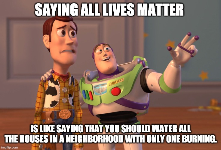 X, X Everywhere Meme | SAYING ALL LIVES MATTER; IS LIKE SAYING THAT YOU SHOULD WATER ALL THE HOUSES IN A NEIGHBORHOOD WITH ONLY ONE BURNING. | image tagged in memes,x x everywhere | made w/ Imgflip meme maker