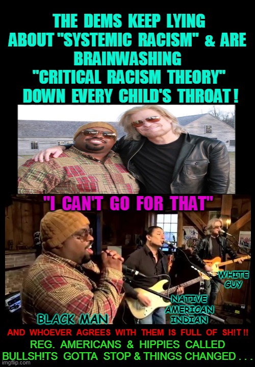 I CALL BULLSH!T !! - -  I'm not "Racist" are "You" ? | THE  DEMS  KEEP  LYING  ABOUT "SYSTEMIC  RACISM"  &  ARE  
BRAINWASHING  "CRITICAL  RACISM  THEORY"  DOWN  EVERY  CHILD'S  THROAT ! "I  CAN'T  GO  FOR  THAT"; WHITE GUY; NATIVE AMERICAN INDIAN; BLACK MAN; AND  WHOEVER  AGREES  WITH  THEM  IS  FULL  OF  SH!T !! REG.  AMERICANS  &  HIPPIES  CALLED BULLSH!TS  GOTTA  STOP & THINGS CHANGED . . . | image tagged in black guy,white guy,native american,asian,hispanic,the world | made w/ Imgflip meme maker