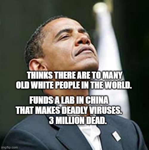 Obama Smells | THINKS THERE ARE TO MANY OLD WHITE PEOPLE IN THE WORLD. FUNDS A LAB IN CHINA THAT MAKES DEADLY VIRUSES.             3 MILLION DEAD. | image tagged in obama smells | made w/ Imgflip meme maker