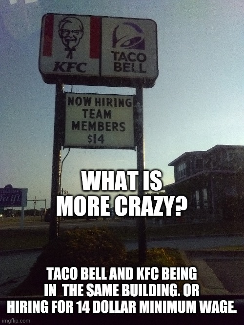 Which one is more crazy | WHAT IS MORE CRAZY? TACO BELL AND KFC BEING IN  THE SAME BUILDING. OR HIRING FOR 14 DOLLAR MINIMUM WAGE. | image tagged in weird | made w/ Imgflip meme maker