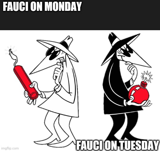 Fauci's Advice | FAUCI ON MONDAY; FAUCI ON TUESDAY | image tagged in spy v spy,dr fauci,coronavirus,public health | made w/ Imgflip meme maker