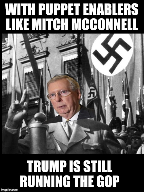 Who is Running the GOP ? | WITH PUPPET ENABLERS LIKE MITCH MCCONNELL; TRUMP IS STILL RUNNING THE GOP | image tagged in hitler,mcconnell,trump,putin,political puppets,political memes | made w/ Imgflip meme maker