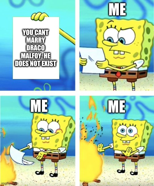 Yup :p | ME; YOU CANT MARRY DRACO MALFOY, HE DOES NOT EXIST; ME; ME | image tagged in spongebob burning paper | made w/ Imgflip meme maker