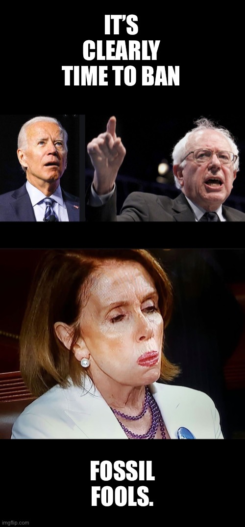 Fossil Fools | IT’S CLEARLY TIME TO BAN; FOSSIL FOOLS. | image tagged in confused biden,bernie sanders,nancy pelosi pb sandwich | made w/ Imgflip meme maker