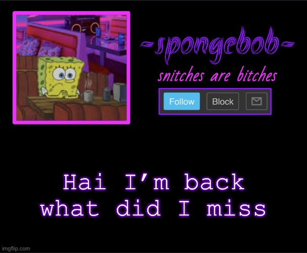 Sponge neon temp | Hai I’m back what did I miss | image tagged in sponge neon temp | made w/ Imgflip meme maker
