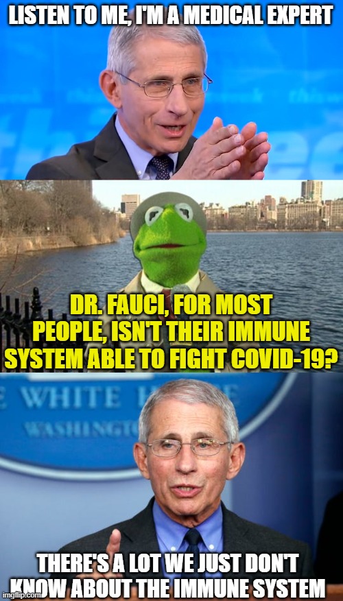 LISTEN TO ME, I'M A MEDICAL EXPERT; DR. FAUCI, FOR MOST PEOPLE, ISN'T THEIR IMMUNE SYSTEM ABLE TO FIGHT COVID-19? THERE'S A LOT WE JUST DON'T KNOW ABOUT THE IMMUNE SYSTEM | image tagged in dr fauci 2020,kermit news report,dr fauci | made w/ Imgflip meme maker