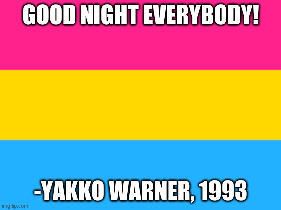 Pansexual flag | GOOD NIGHT EVERYBODY! -YAKKO WARNER, 1993 | image tagged in pansexual flag | made w/ Imgflip meme maker