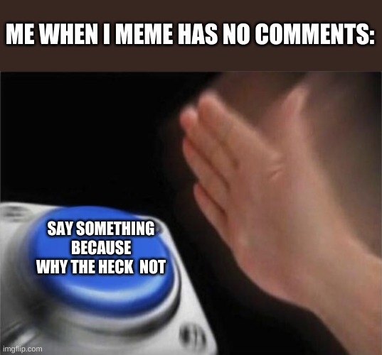 Blank Nut Button Meme | ME WHEN I MEME HAS NO COMMENTS: SAY SOMETHING BECAUSE WHY THE HECK  NOT | image tagged in memes,blank nut button | made w/ Imgflip meme maker
