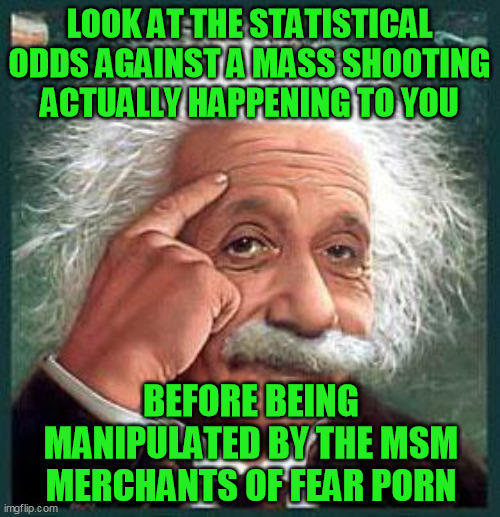 einstein | LOOK AT THE STATISTICAL ODDS AGAINST A MASS SHOOTING ACTUALLY HAPPENING TO YOU BEFORE BEING MANIPULATED BY THE MSM MERCHANTS OF FEAR PORN | image tagged in einstein | made w/ Imgflip meme maker