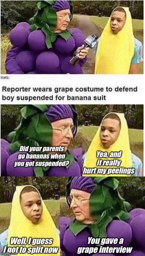 Sorry | You gave a grape interview; Well, I guess I got to split now | image tagged in grapes,banana,memes,crappy memes,banano | made w/ Imgflip meme maker