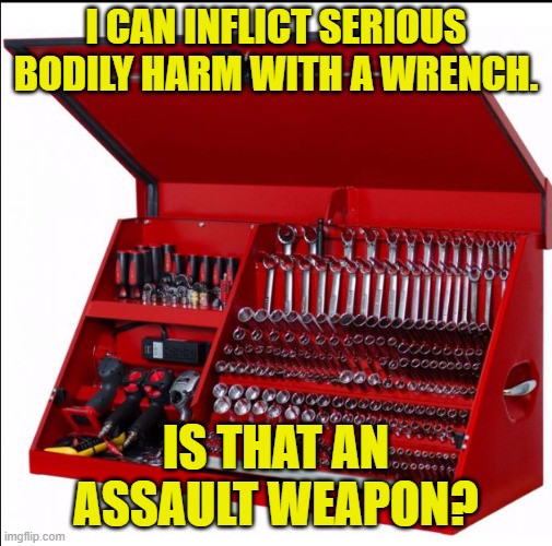 Tool box | I CAN INFLICT SERIOUS BODILY HARM WITH A WRENCH. IS THAT AN ASSAULT WEAPON? | image tagged in tool box | made w/ Imgflip meme maker