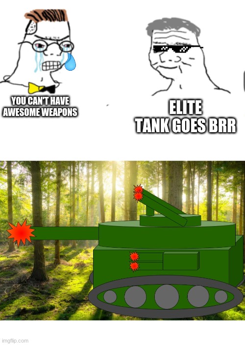 It has a pair of AA guns. It has one 175mm cannon. It also has four 75mm cannons. It costs $15 per tank | ELITE TANK GOES BRR; YOU CAN'T HAVE AWESOME WEAPONS | image tagged in haha go brrr,tank,weapons,cannon,elite dangerous,big gun | made w/ Imgflip meme maker