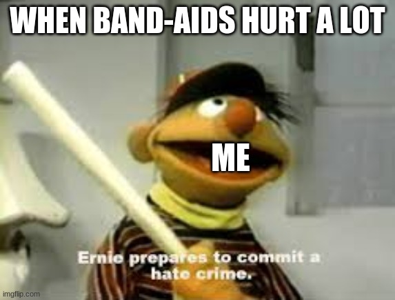 Ernie Prepares to commit a hate crime | WHEN BAND-AIDS HURT A LOT ME | image tagged in ernie prepares to commit a hate crime | made w/ Imgflip meme maker