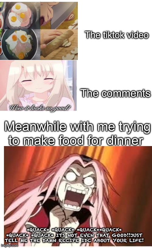 It's true tho | The tiktok video; The comments; Wow it looks so good! Meanwhile with me trying to make food for dinner; *QUACK* *QUACK* *QUACK**QUACK* *QUACK* *QUACK* ITS NOT EVEN THAT GOOD!!JUST TELL ME THE DAMN RECIPE IDC ABOUT YOUR LIFE! | image tagged in anime,tiktok,food,rage,cooking | made w/ Imgflip meme maker