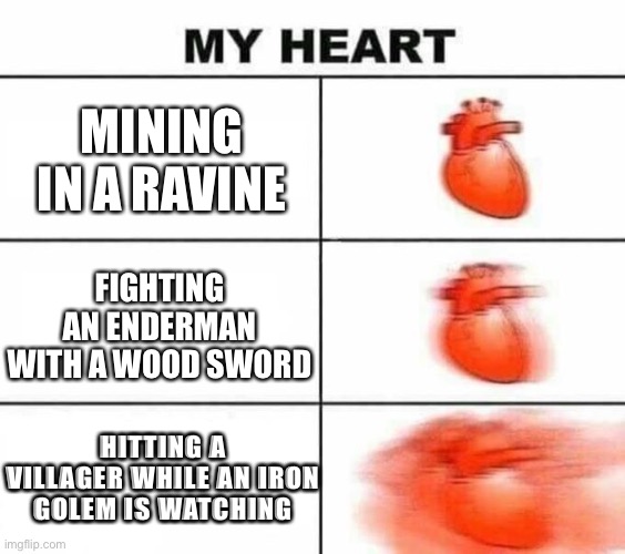 My heart blank | MINING IN A RAVINE; FIGHTING AN ENDERMAN WITH A WOOD SWORD; HITTING A VILLAGER WHILE AN IRON GOLEM IS WATCHING | image tagged in my heart blank | made w/ Imgflip meme maker