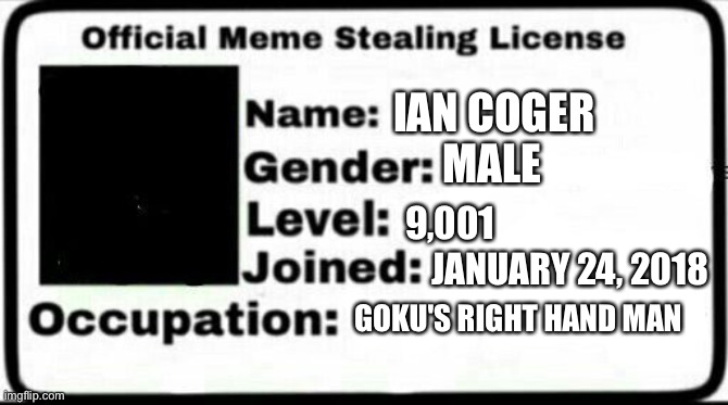 Meme Stealing License | IAN COGER; MALE; 9,001; JANUARY 24, 2018; GOKU'S RIGHT HAND MAN | image tagged in meme stealing license | made w/ Imgflip meme maker