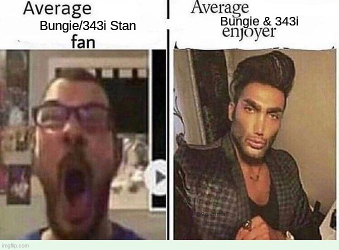 Despite 343i isn't the best, some of their stuff is cool | Bungie & 343i; Bungie/343i Stan | image tagged in average blank fan vs average blank enjoyer,halo | made w/ Imgflip meme maker