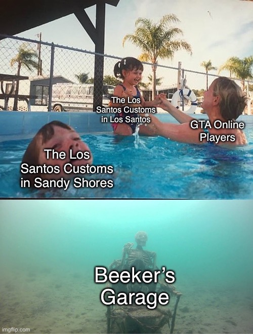 Some people probably forget beeker’s garage exists | The Los Santos Customs in Los Santos; GTA Online Players; The Los Santos Customs in Sandy Shores; Beeker’s Garage | image tagged in mother ignoring kid drowning in a pool | made w/ Imgflip meme maker