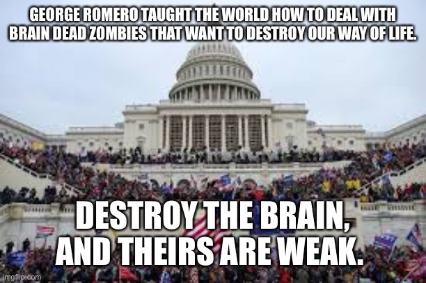 Capitol on January 6 | GEORGE ROMERO TAUGHT THE WORLD HOW TO DEAL WITH BRAIN DEAD ZOMBIES THAT WANT TO DESTROY OUR WAY OF LIFE. DESTROY THE BRAIN, AND THEIRS ARE WEAK. | image tagged in capitol on january 6 | made w/ Imgflip meme maker