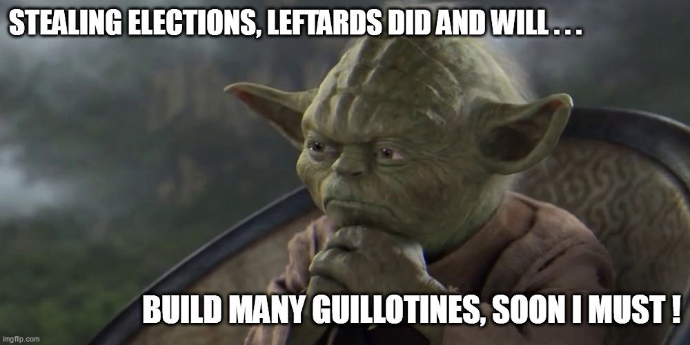 A pensive Yoda is a dangerous Yoda. | STEALING ELECTIONS, LEFTARDS DID AND WILL . . . BUILD MANY GUILLOTINES, SOON I MUST ! | image tagged in yoda,leftards,ballot fraud | made w/ Imgflip meme maker