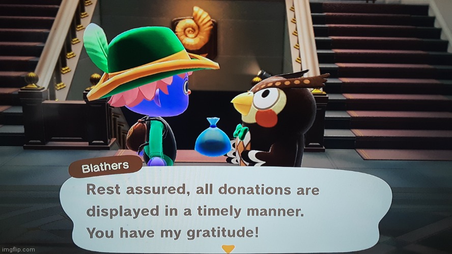 Blathers Gratitude | image tagged in blathers gratitude,animal crossing | made w/ Imgflip meme maker