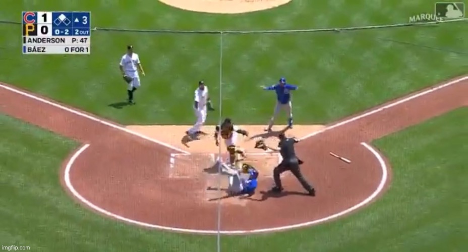 Javy Baez helps umpire make the call before heading to first base | image tagged in javy baez,chicago cubs,pittsburgh pirates,major league baseball | made w/ Imgflip meme maker