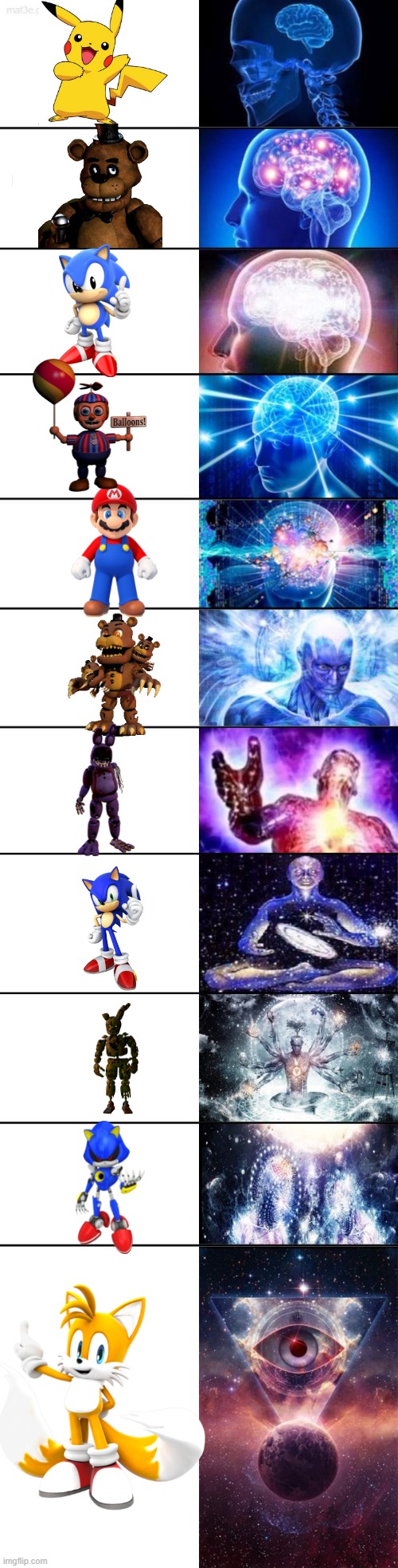 all of my favorite character the most is T A I L S T H E F O X ( R E M A K E) | image tagged in extended expanding brain,tails,pikachu,fnaf,fnaf 4,sonic the hedgehog | made w/ Imgflip meme maker