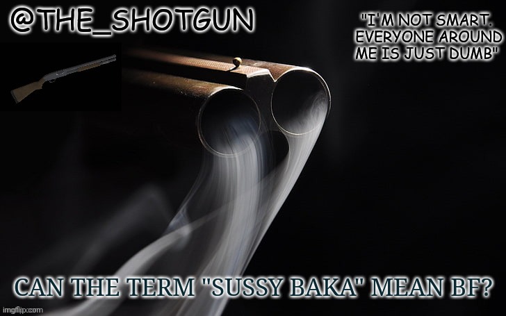 Peeps call it me with someone else | CAN THE TERM "SUSSY BAKA" MEAN BF? | image tagged in yet another temp for shotgun | made w/ Imgflip meme maker