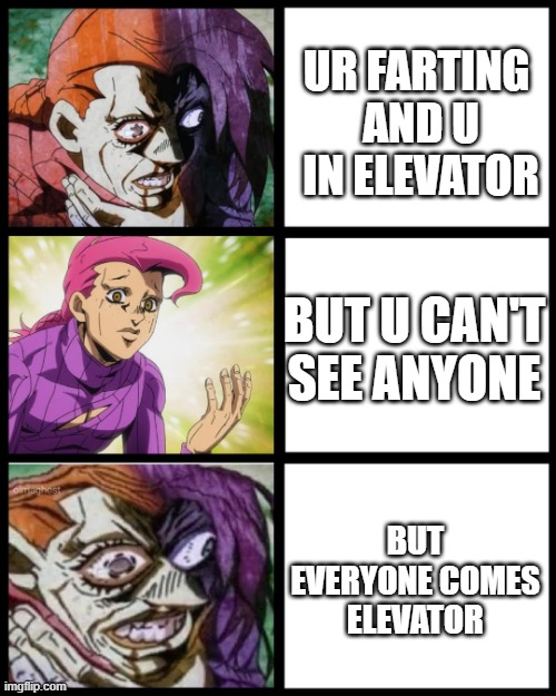 RIP | UR FARTING 
AND U IN ELEVATOR; BUT U CAN'T SEE ANYONE; BUT EVERYONE COMES ELEVATOR | image tagged in jojo doppio | made w/ Imgflip meme maker